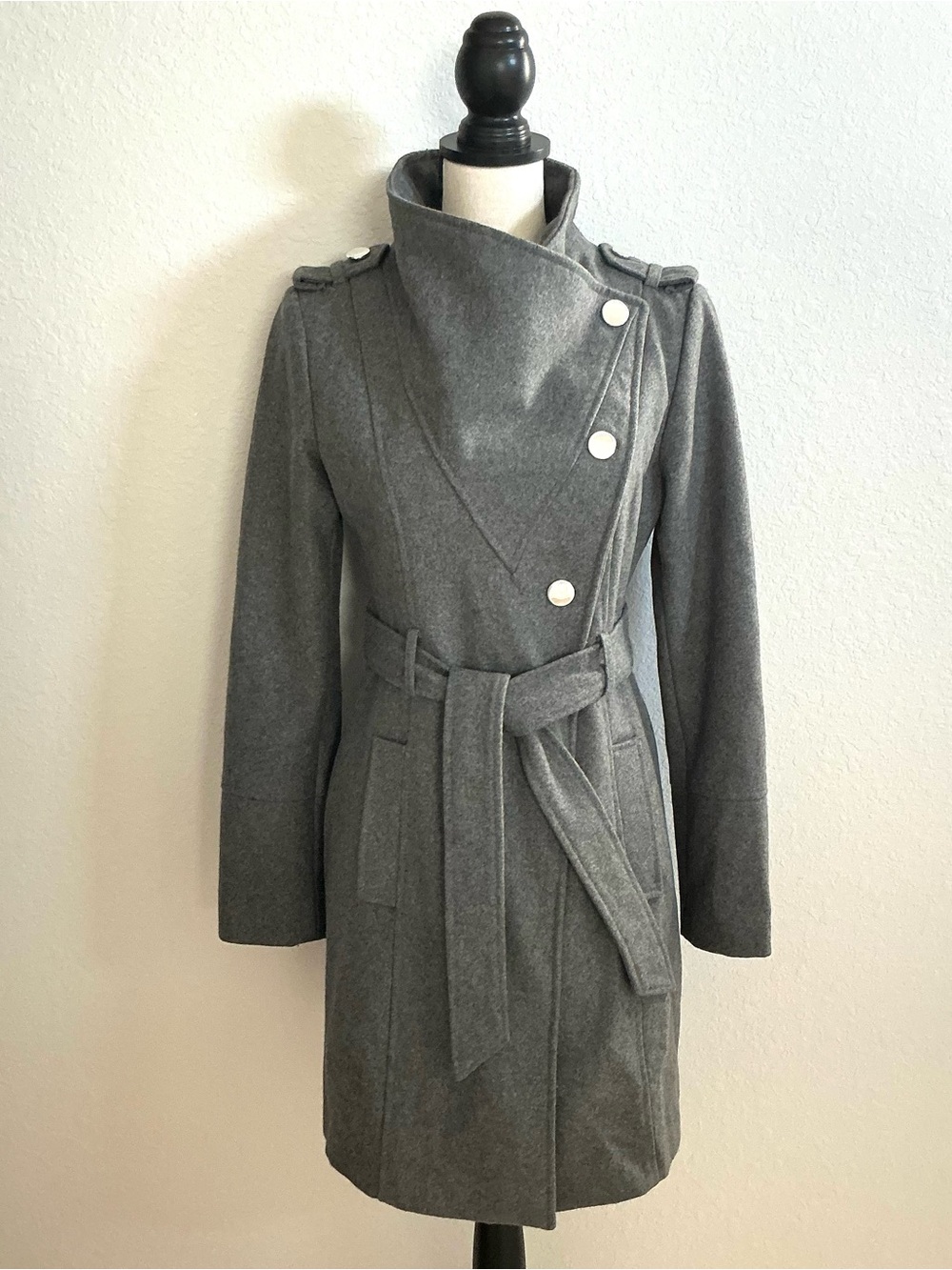 GUESS, Asymmetric Wool Belted Trench Coat in Gray, Size Small